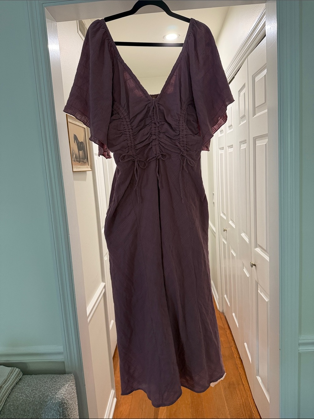 Free People Mauve Plum V-Neck Maxi Dress with Flutter Sleeves